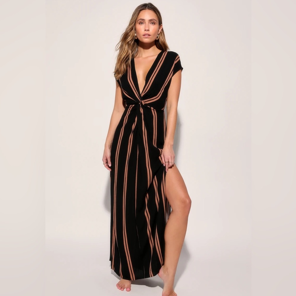 Coastal Grooves Black and Brown Striped Swim Cover-Up